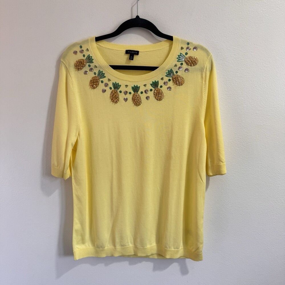 Talbots Sweater XL Yellow Pineapples Sequins Cotton Knit Stretch Crewneck